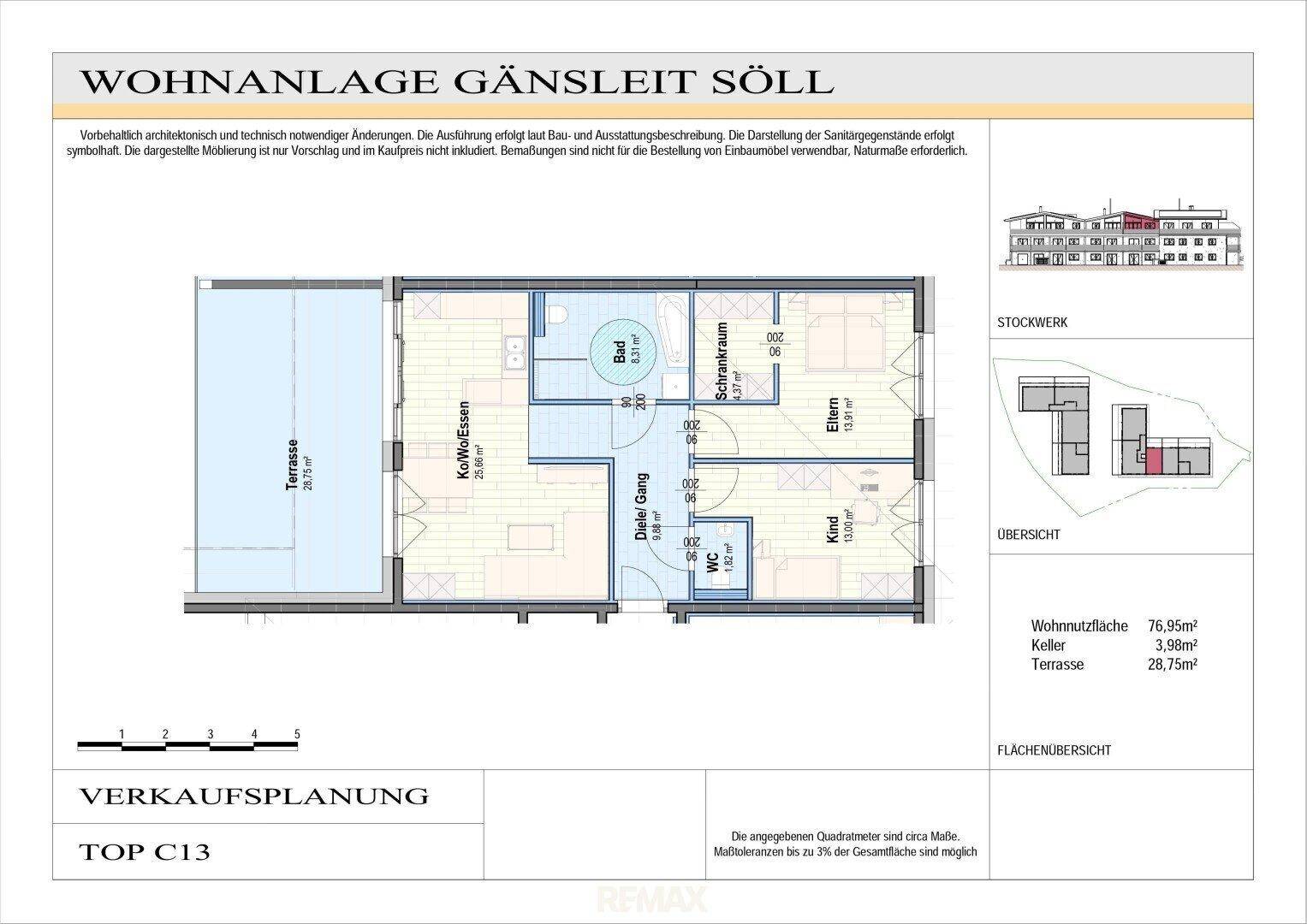 Detaillierter Grundriss der Wohnung Top C13 mit Terrasse, offenem Wohnbereich und drei Schlafzimmern.