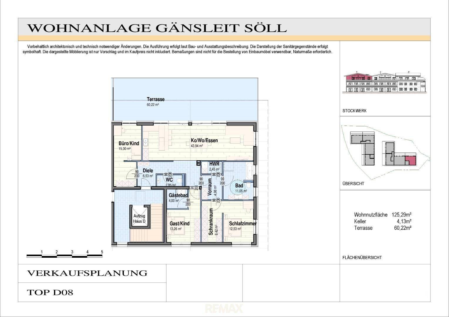 Technischer Grundriss mit Flächenübersicht und Details zur Wohnanlage, inklusive Terrasse und Keller.