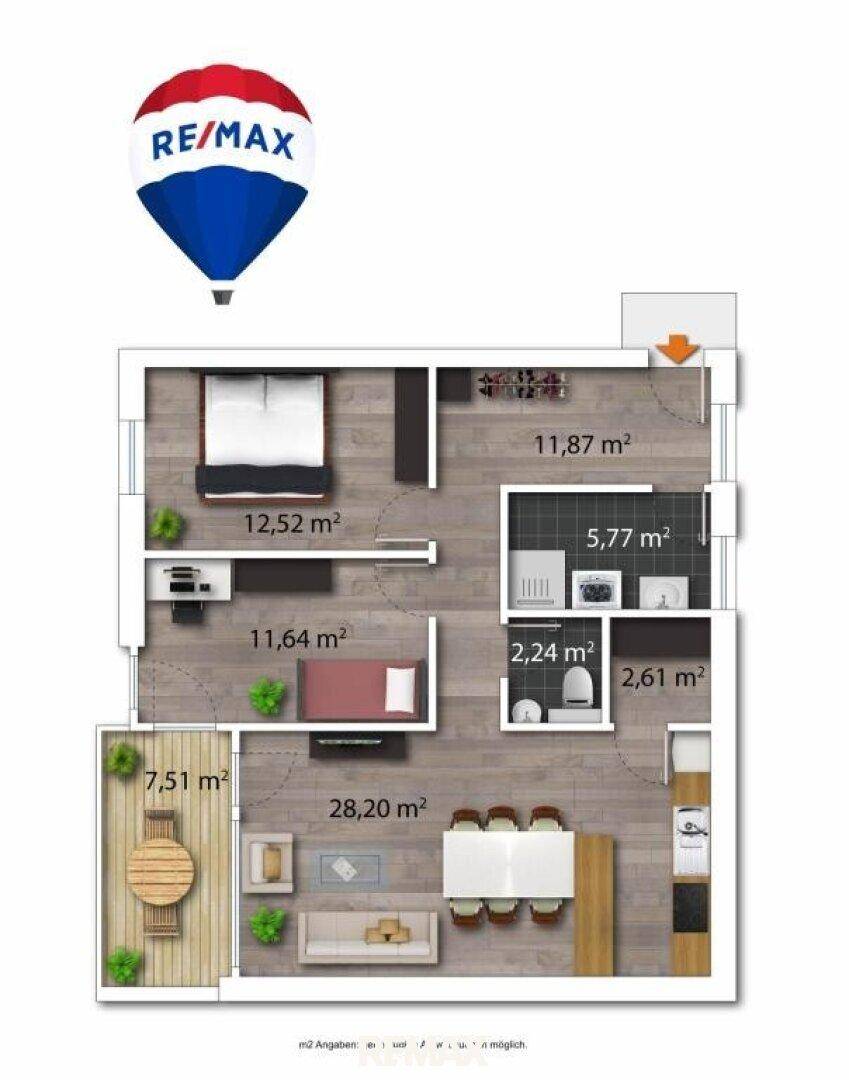 Detaillierter Grundriss einer Wohnung mit offenem Wohnbereich, Schlafzimmern und Balkon.