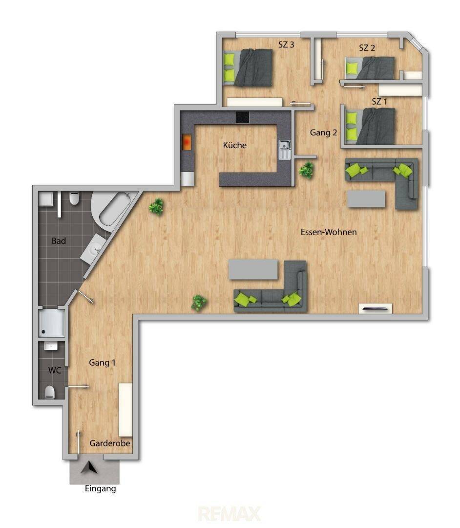 Detaillierter Grundriss einer Wohnung mit drei Schlafzimmern, offener Küche und Ess-Wohnbereich.