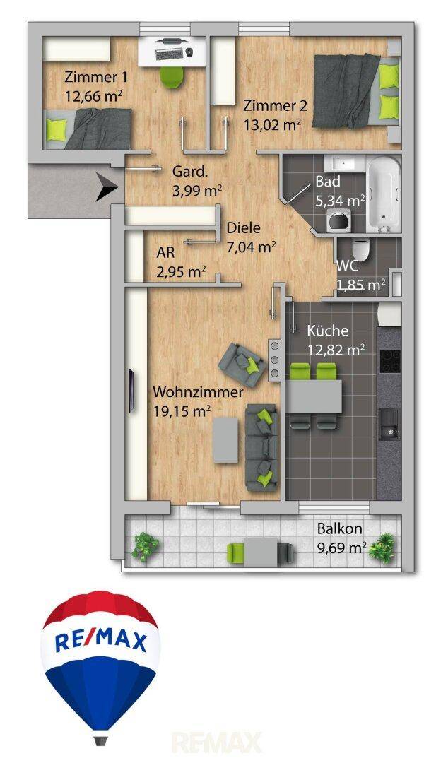 Detaillierter Grundriss der Wohnung mit Zimmern, Küche, Bad und Balkon, inklusive Flächenangaben.