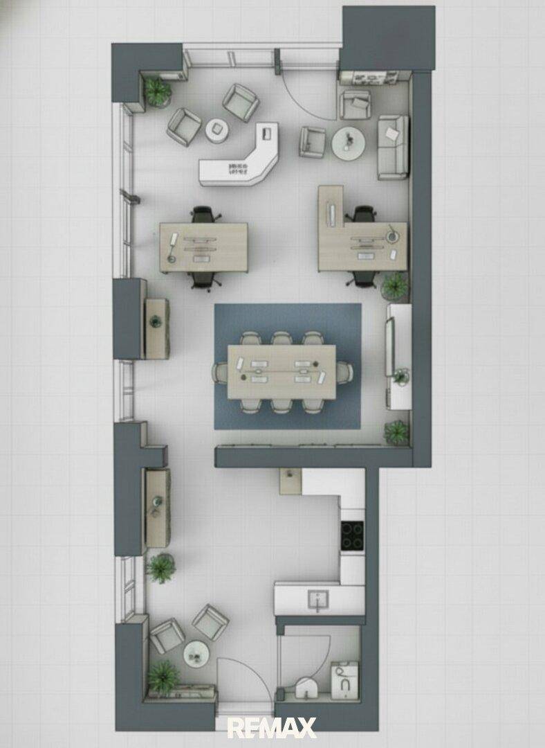 Detaillierter Grundriss einer Gewerbefläche mit Büros, Besprechungsbereich und kleiner Küche.
