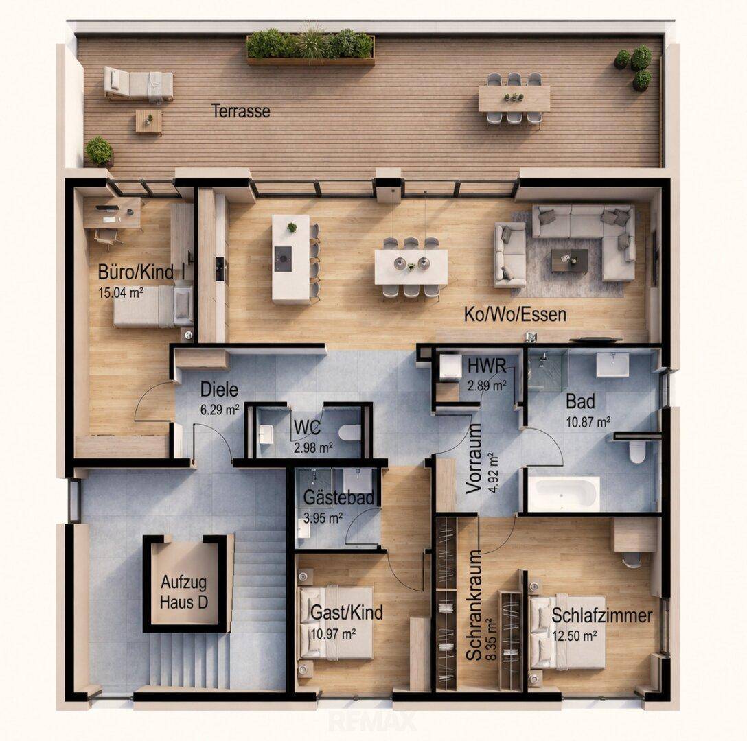 Detaillierter Grundriss mit Möblierungsvorschlägen und Raumaufteilung für eine moderne Wohnung.