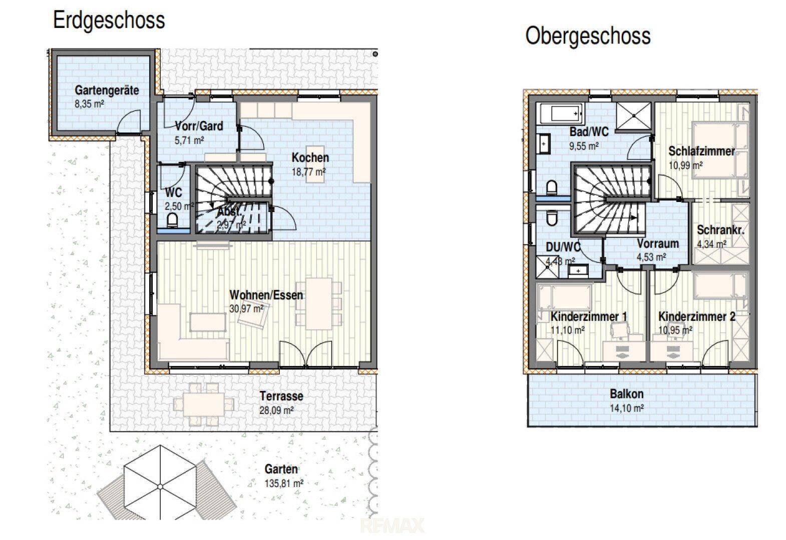 Detaillierter Grundriss mit Erdgeschoss und Obergeschoss, inklusive Terrasse, Garten und Balkon.