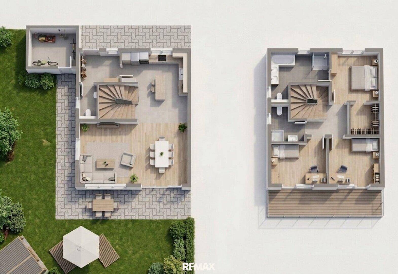 3D-Grundrissvisualisierung mit offenem Wohnbereich, Küche, Terrasse und Schlafzimmern im Obergeschoss.