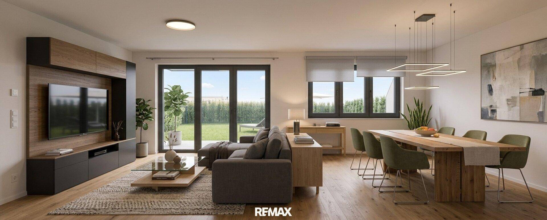 Modernes Wohn- und Esszimmer mit Zugang zum Garten, ausgestattet mit stilvollen Möbeln und einem großen Esstisch.