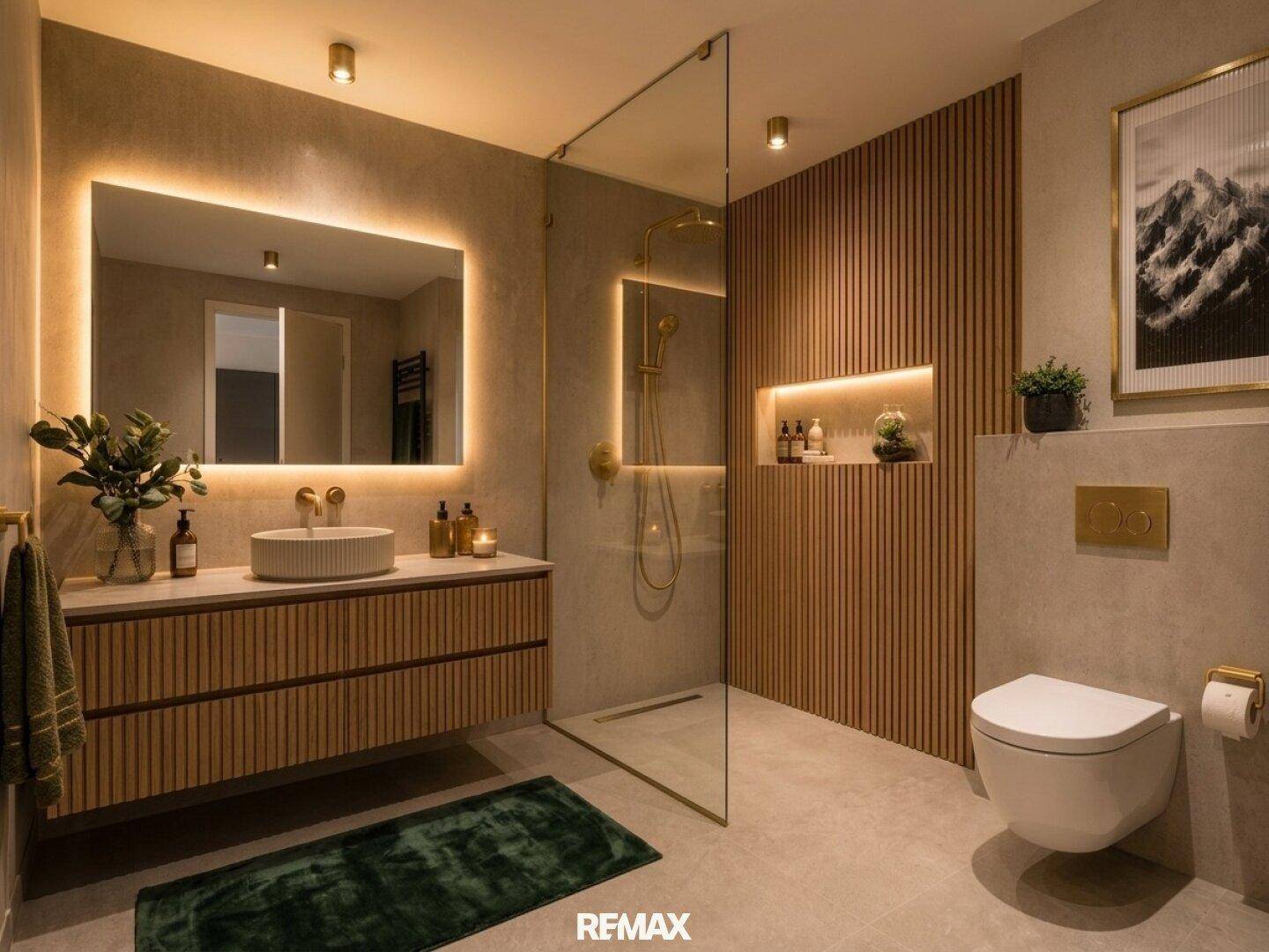 Modernes Badezimmer mit begehbarer Dusche, Holzvertäfelung und beleuchtetem Spiegel.