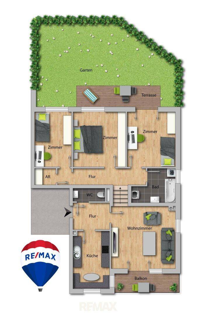Grundriss der Wohnung mit Garten, Terrasse, Balkon und drei Zimmern.