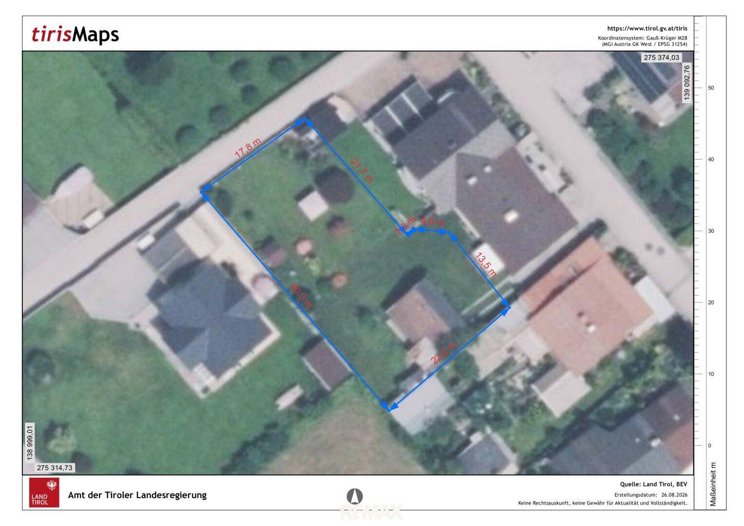 Katasterplan mit blau umrandetem Grundstück und Maßangaben, zeigt die genaue Parzellengröße.