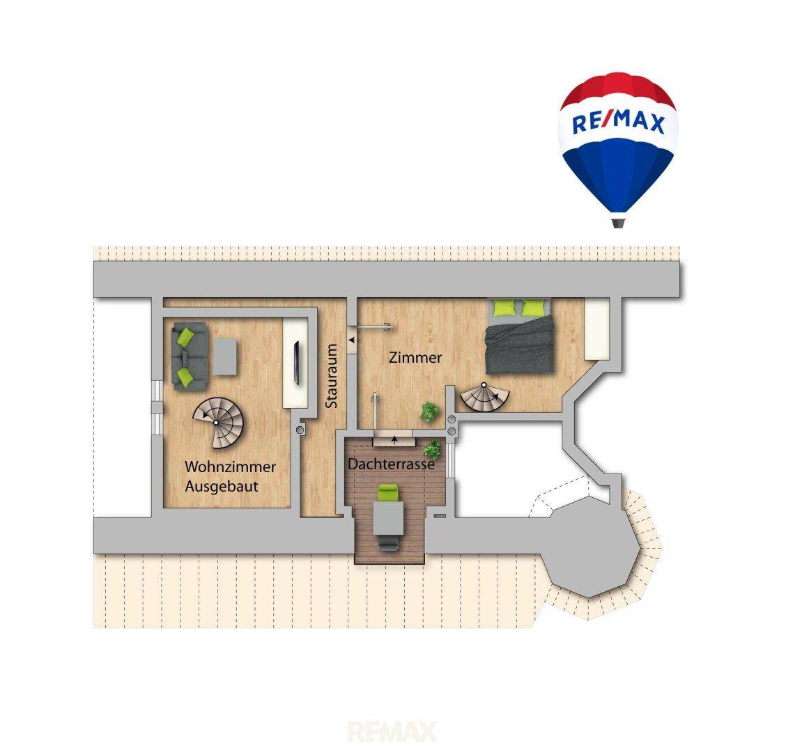 Grundriss des Dachgeschosses mit ausgebautem Wohnzimmer, Schlafzimmer und Dachterrasse.