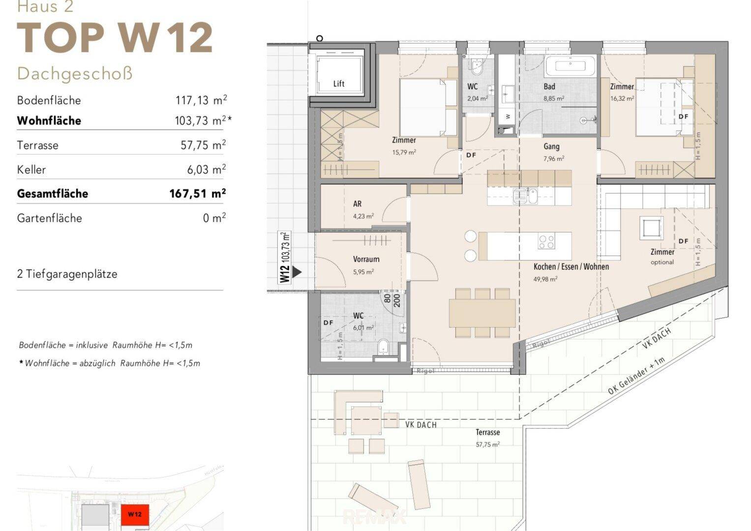 Grundriss des Dachgeschosses (Top W12) mit Wohnflächenangaben und Terrassenzugang.