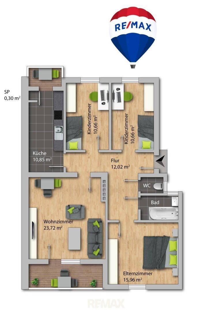 Detaillierter Grundriss der Wohnung mit Raumaufteilung und Flächenangaben.