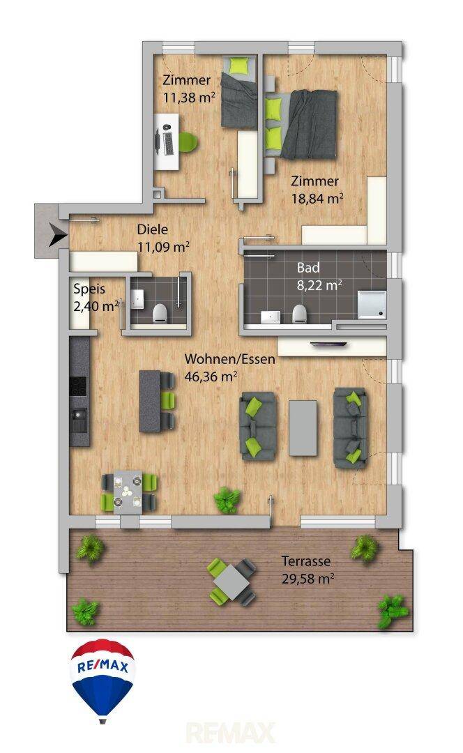 Grundriss der Wohnung mit Wohn-Essbereich, zwei Zimmern und großer Terrasse.
