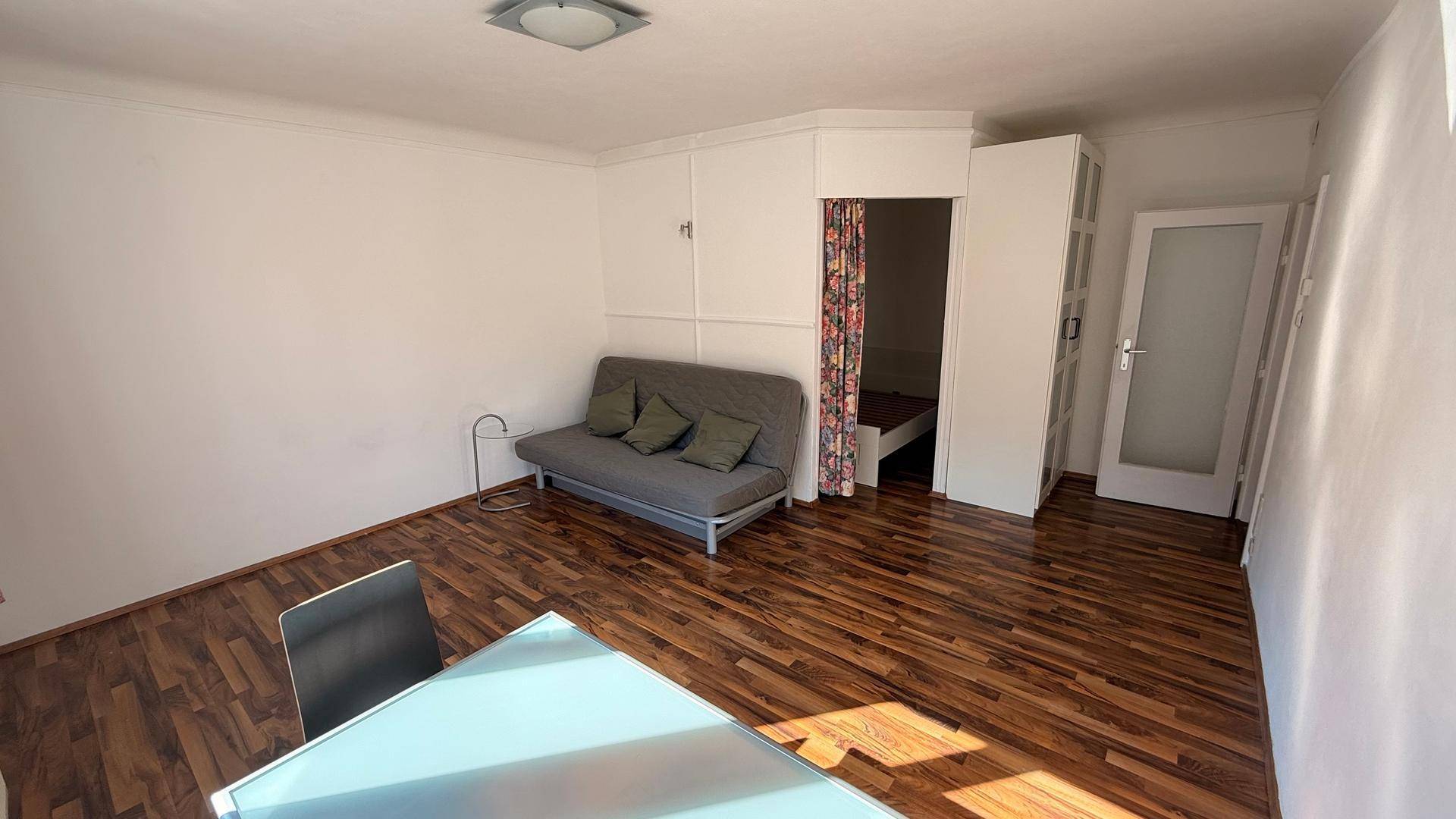 Wohnbereich mit Schlafsofa, Esstisch und Zugang zu einem abgetrennten Schlafbereich.