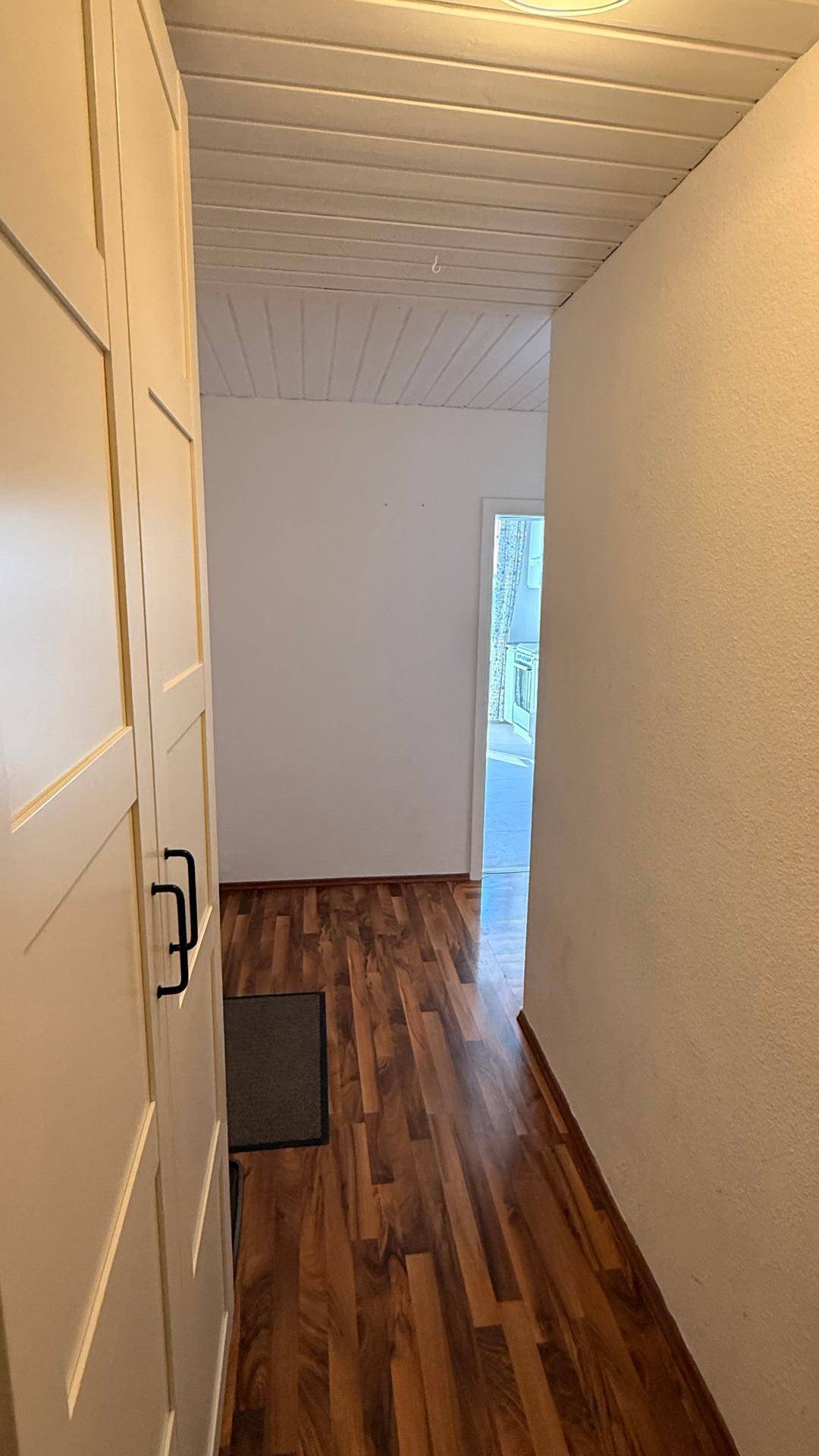 Schmaler Flur mit Holzboden und einem Schrank, der zusätzlichen Stauraum bietet.
