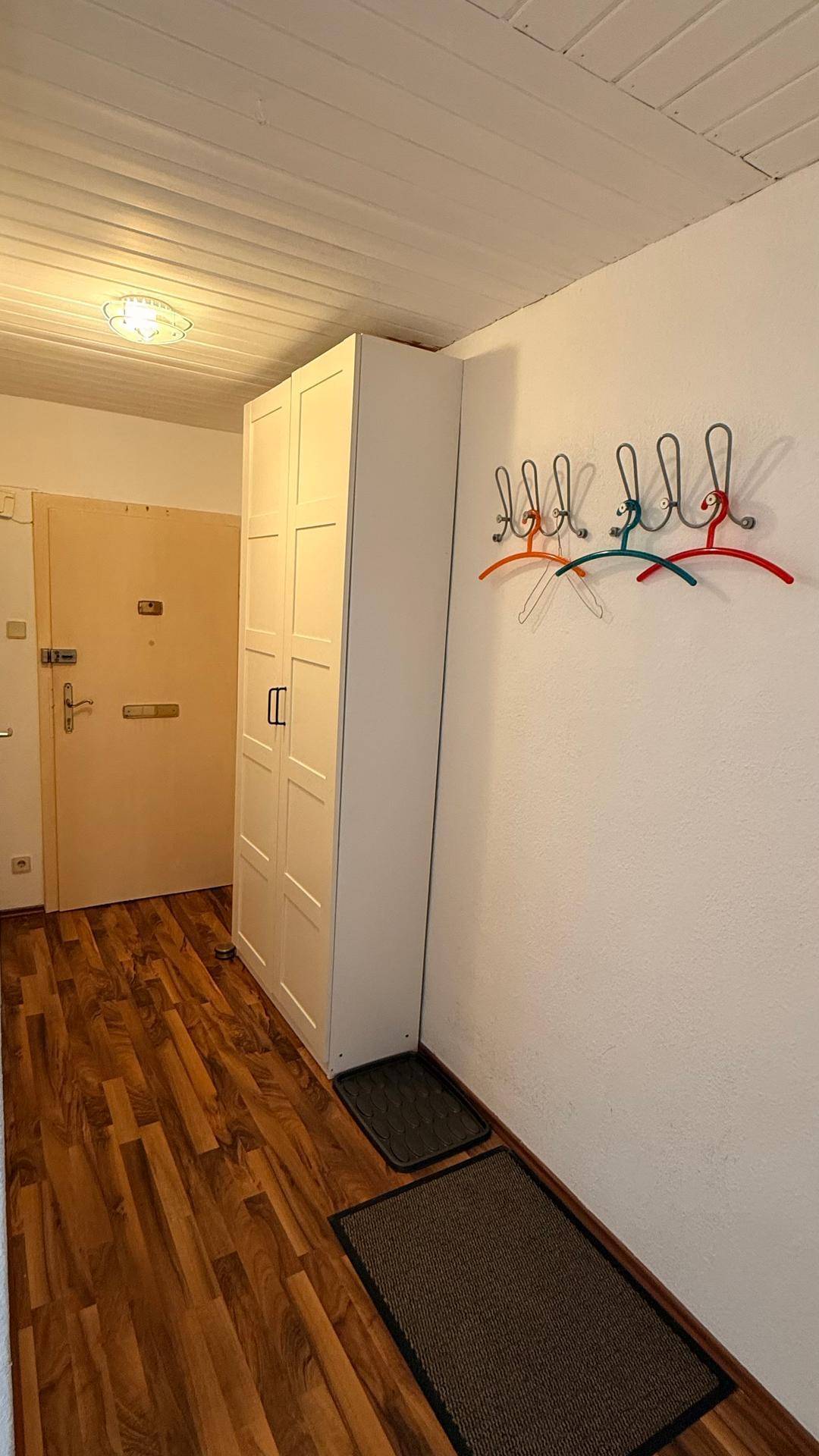 Eingangsbereich mit Holzboden, Garderobe und einem hohen Schrank für Stauraum.