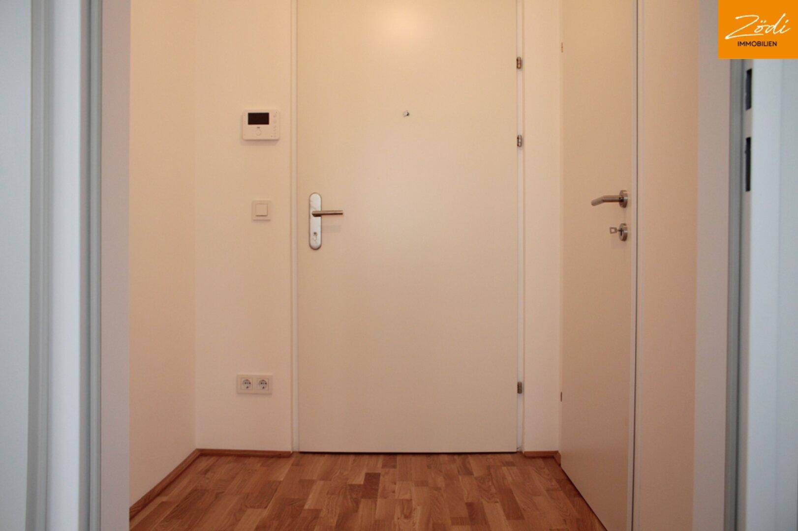Eingangsbereich mit heller Tür, Parkettboden und Gegensprechanlage.