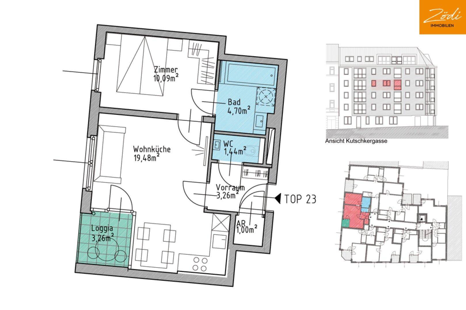 Grundriss der Wohnung Top 23 mit Wohnküche, Schlafzimmer, Bad und Loggia.