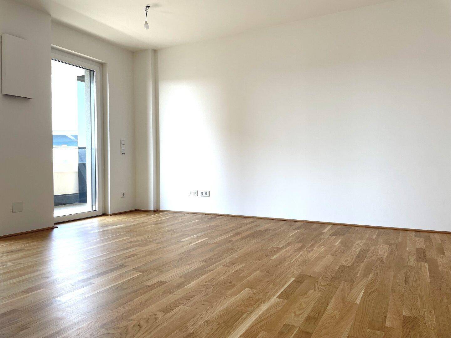 Leeres Zimmer mit Parkettboden und Zugang zu einem Außenbereich durch eine Glastür.