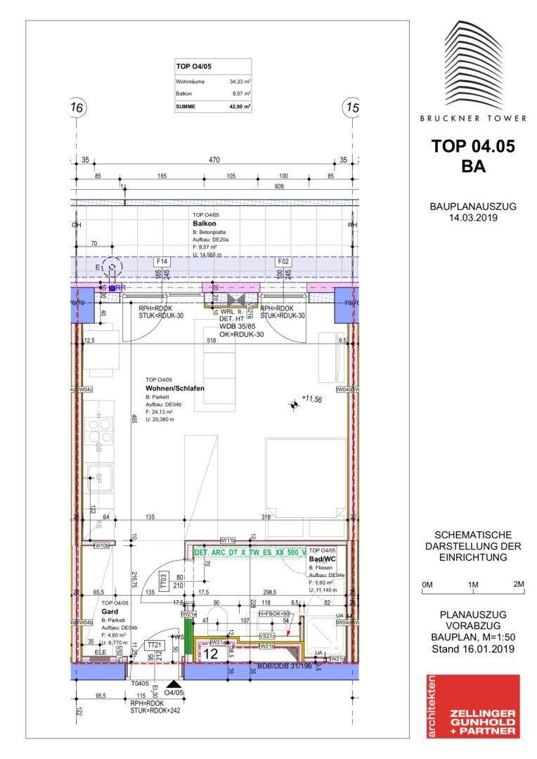 Grundriss der Einheit TOP 04.05 mit Wohn-/Schlafbereich, Bad und Balkon.