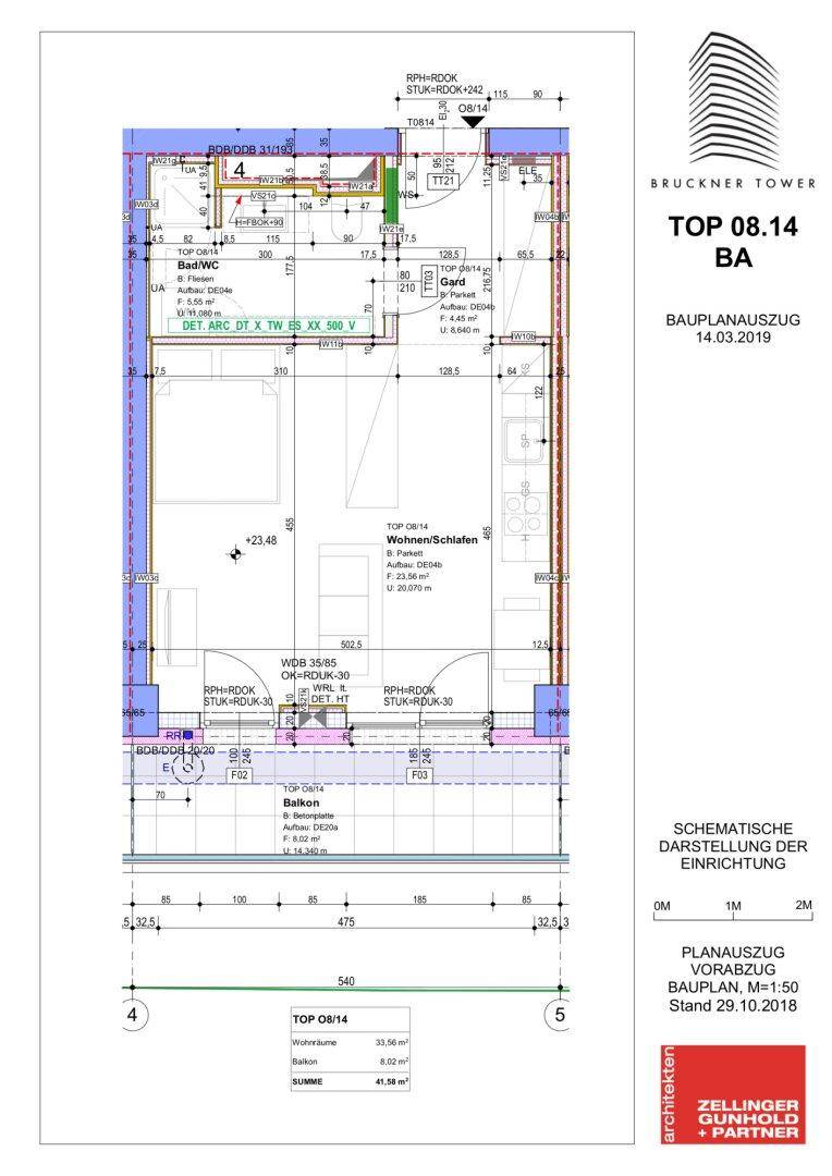 Grundriss der Einheit TOP 08.14 mit Wohn-/Schlafbereich, Bad und Balkon.