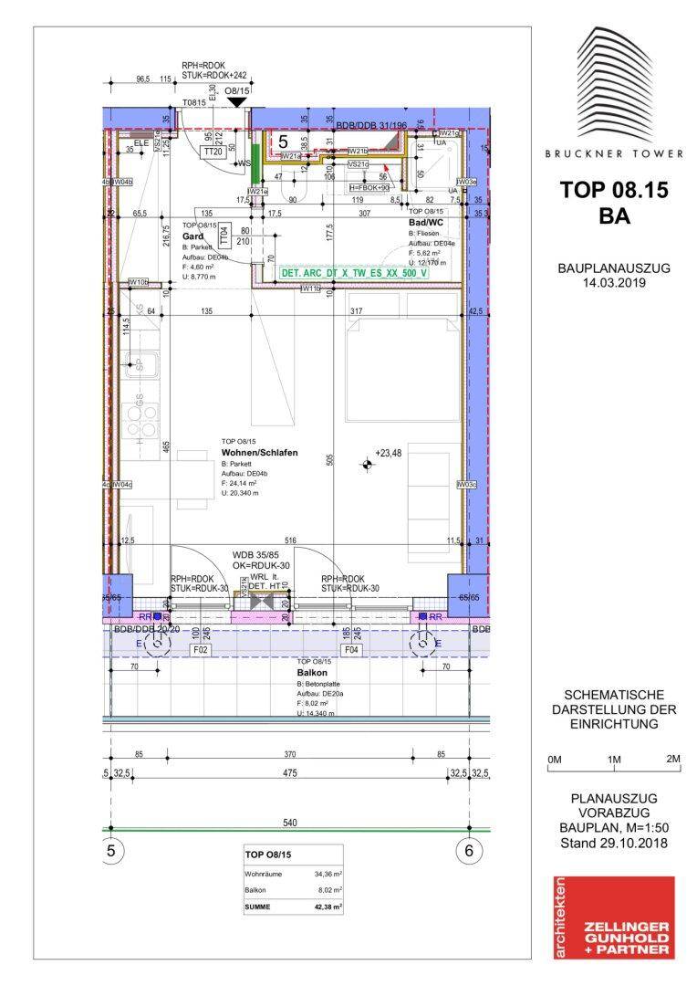 Grundriss der Einheit TOP 08.15 mit Wohn-/Schlafbereich, Bad und Balkon.
