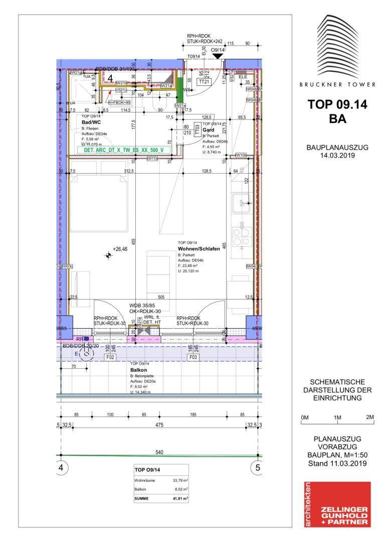 Grundriss der Einheit TOP 09.14 mit Wohn-/Schlafbereich, Bad und Balkon.