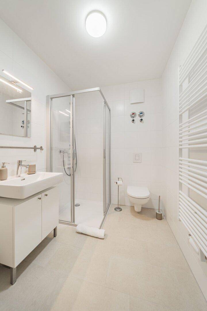 Helles Badezimmer mit Duschkabine, WC und modernem Waschbecken.