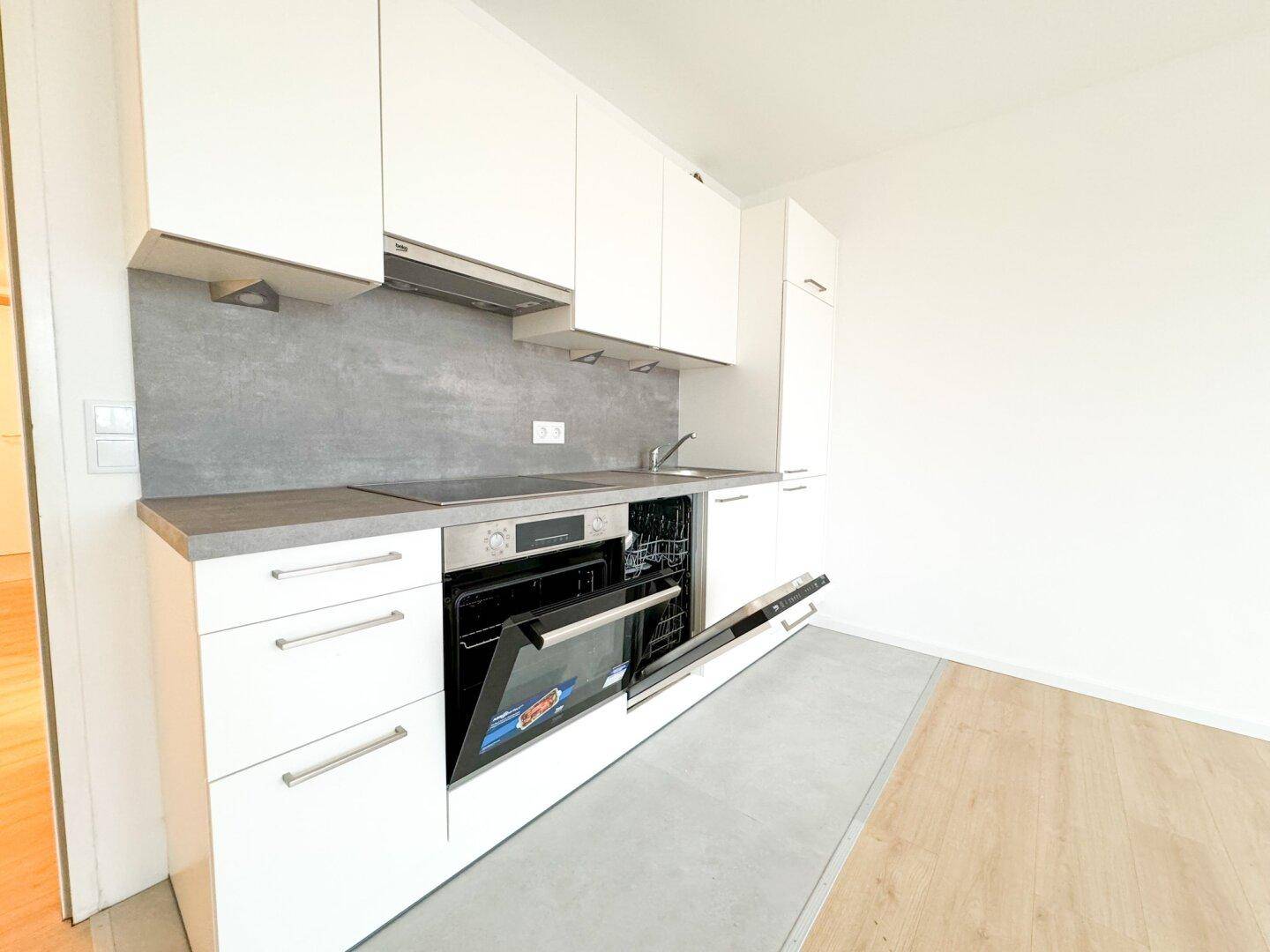 Moderne Küchenzeile mit weißen Schränken, Induktionskochfeld und integriertem Geschirrspüler.