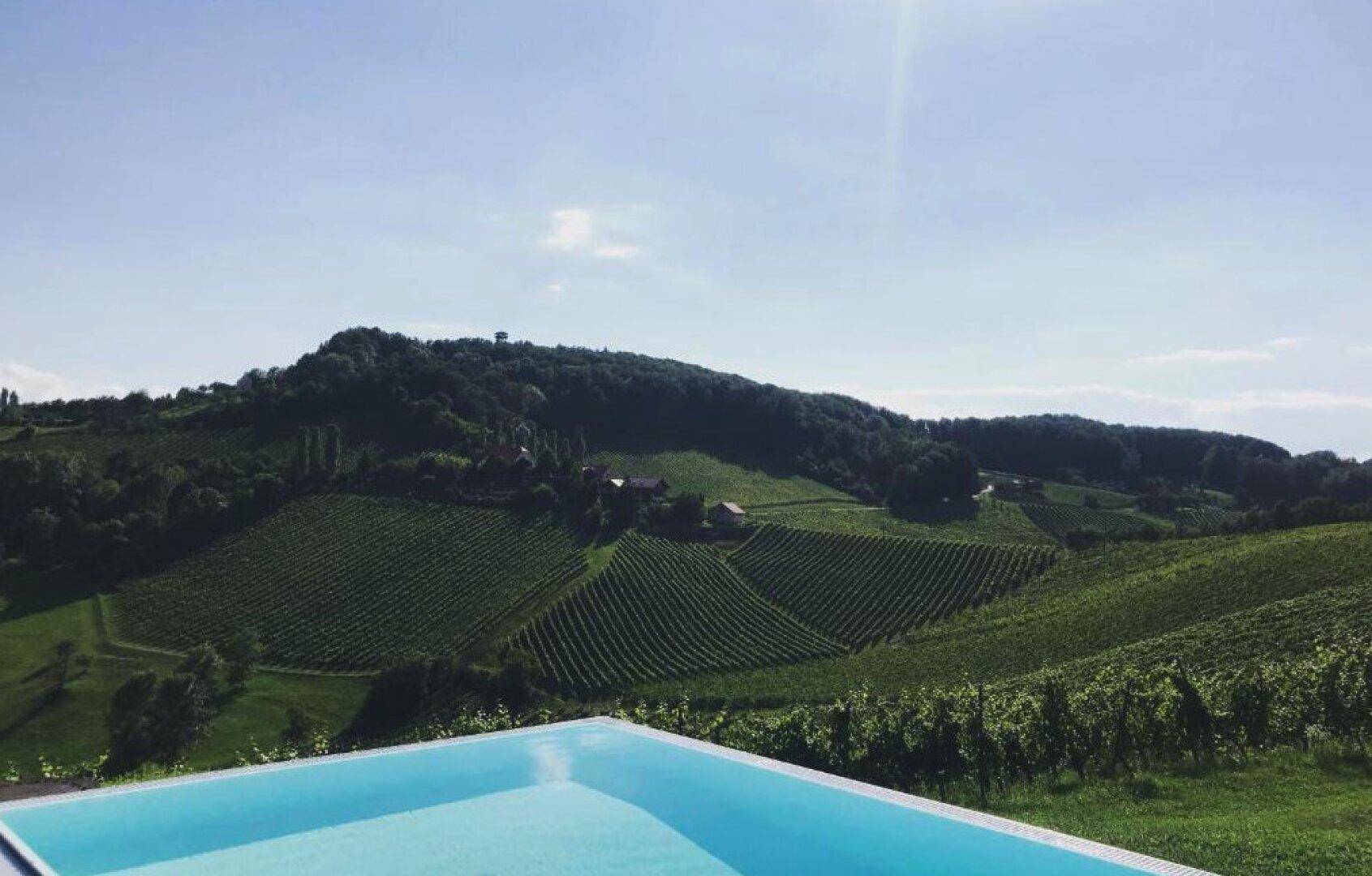 Infinity-Pool mit atemberaubendem Blick über die sanften Hügel und Weinberge.