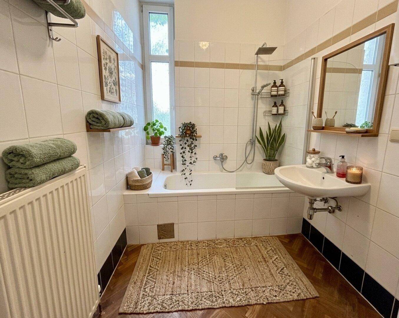 Badezimmer mit Badewanne, Dusche und Fenster, hell gefliest.
