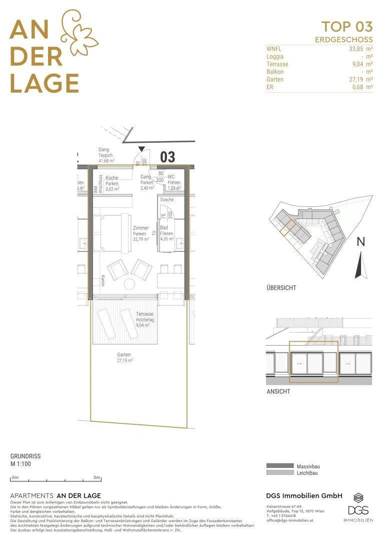 Grundriss der Erdgeschosswohnung Top 03 mit offenem Wohnbereich, Terrasse und Gartenanteil.