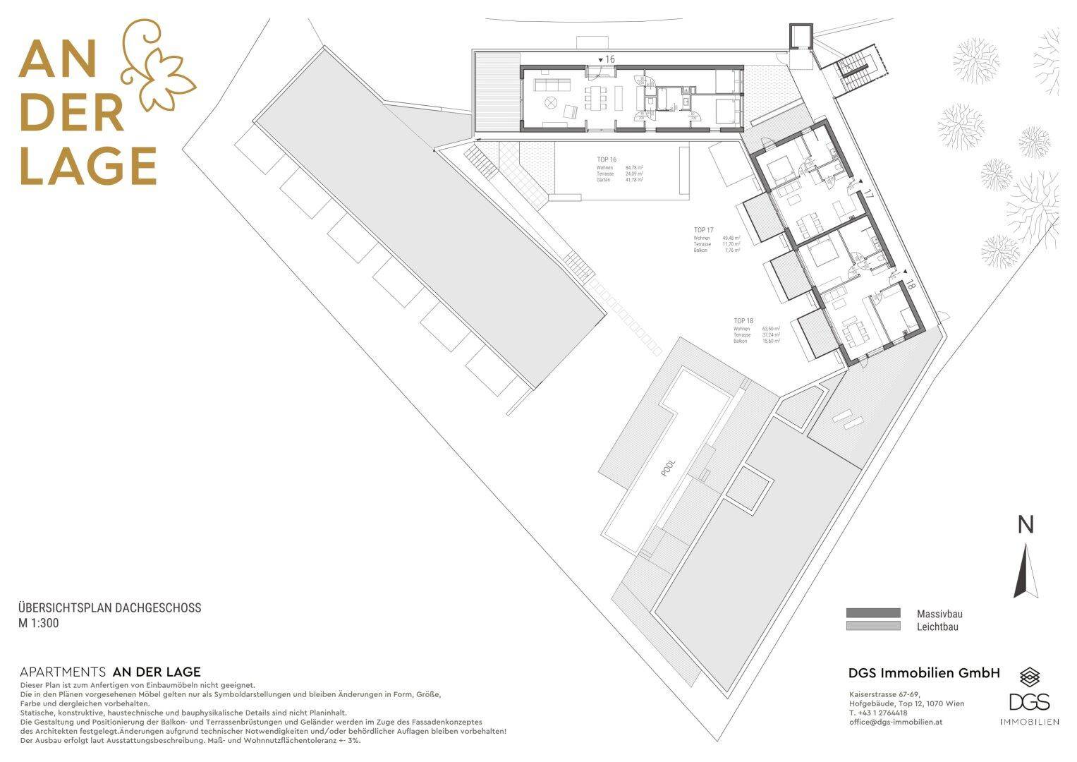 Übersichtsplan des Dachgeschosses mit Penthouse-Wohnungen und großzügigen Dachterrassen.