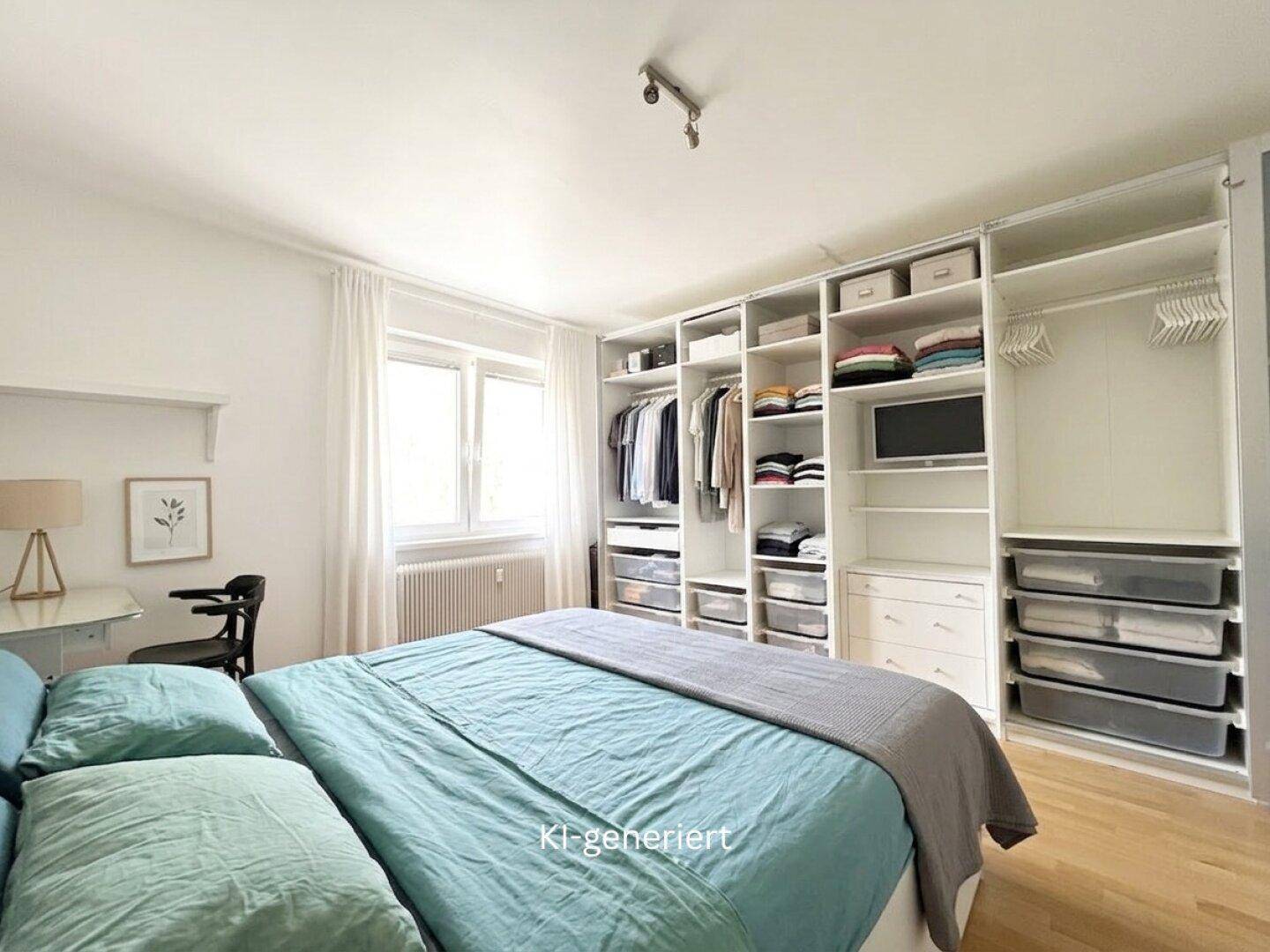 Geräumiges Schlafzimmer mit integriertem Kleiderschrank, Holzboden und viel Stauraum.