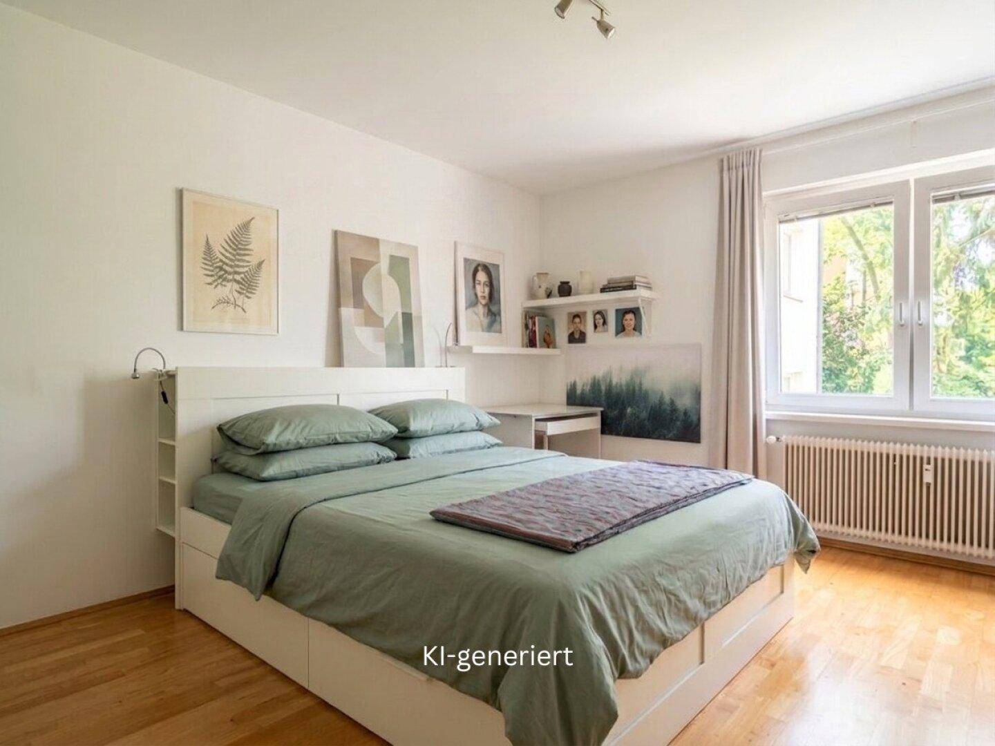 Helles Schlafzimmer mit Holzboden, großem Fenster und einem angenehmen Blick ins Grüne.