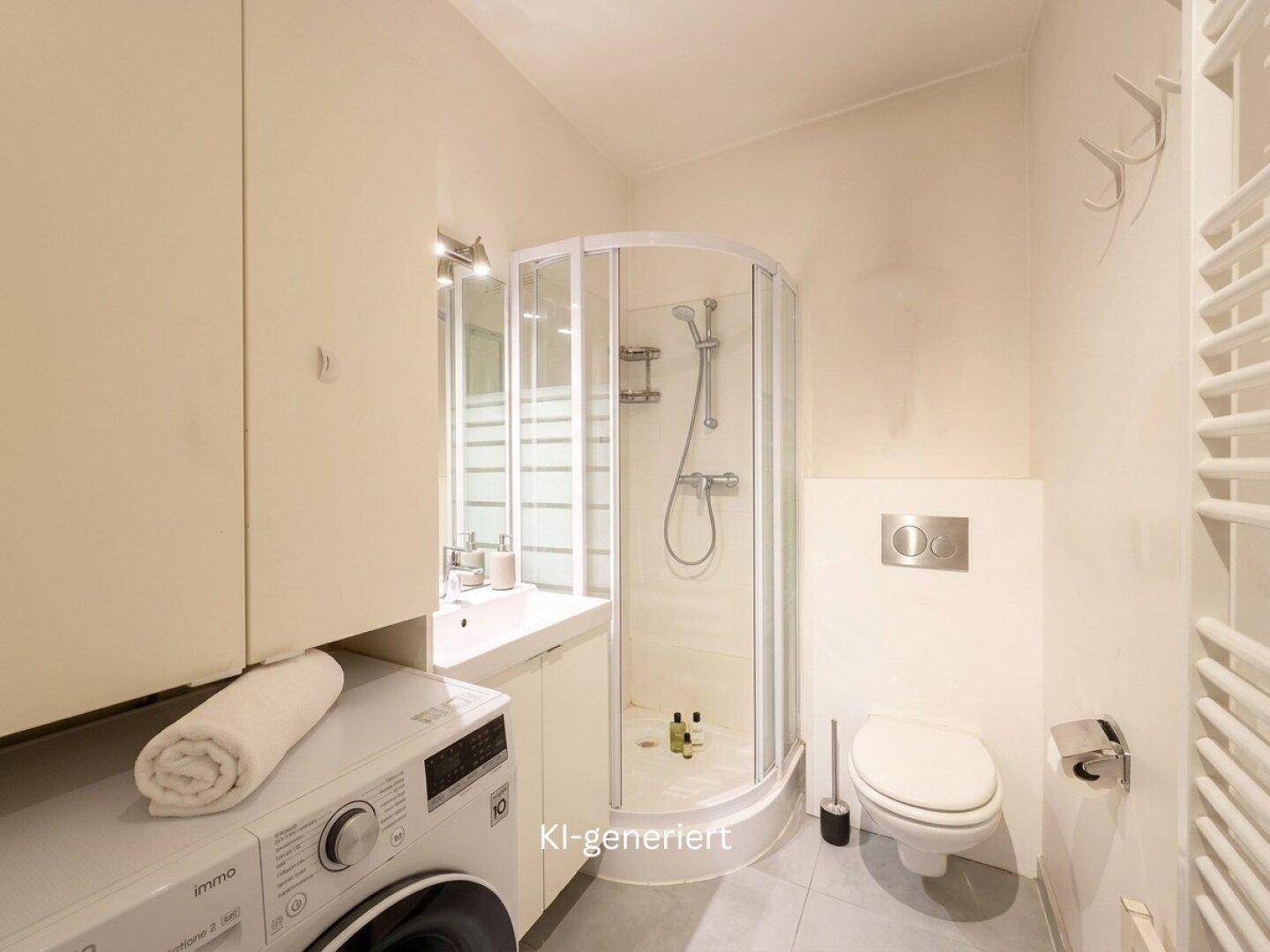 Kleines Badezimmer mit Dusche, WC, Waschmaschine und beheiztem Handtuchhalter, funktional eingerichtet.