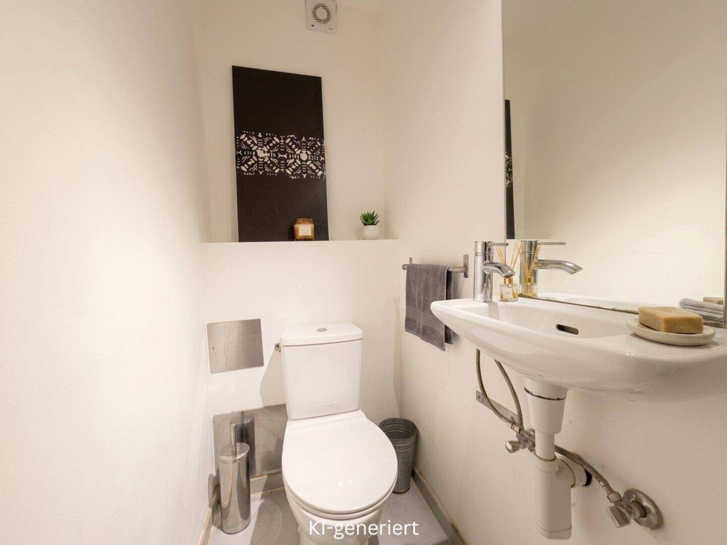 Kleines Gäste-WC mit wandmontierter Toilette und Waschbecken, funktional und platzsparend.