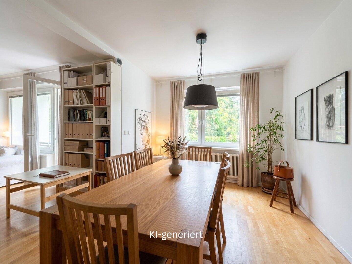 Heller Essbereich mit großem Holztisch, passenden Stühlen und einem schönen Blick ins Grüne.