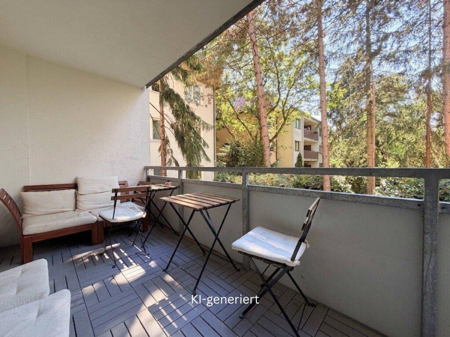 Balkon mit Holzbodenfliesen und Sitzgelegenheiten, umgeben von Bäumen und viel Grün.