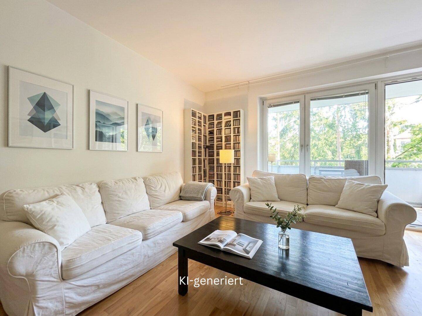 Gemütliches Wohnzimmer mit zwei weißen Sofas, Couchtisch und direktem Zugang zum Balkon.