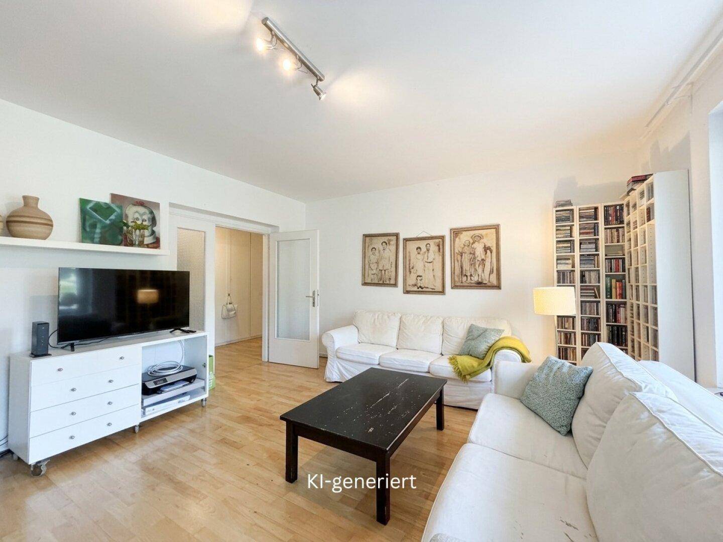 Wohnzimmer mit weißen Sofas, Bücherregal und Fernseher, bietet eine entspannte Atmosphäre.