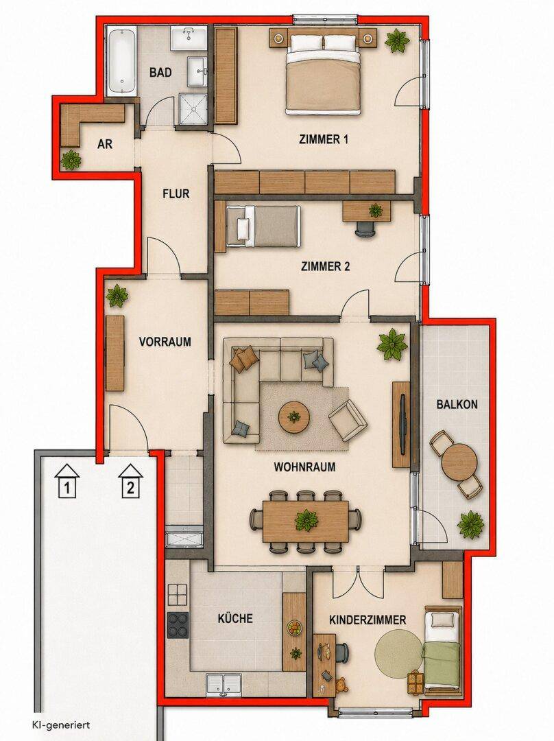 Detaillierter Grundriss einer Wohnung mit drei Zimmern, Balkon, separater Küche und zwei Bädern.