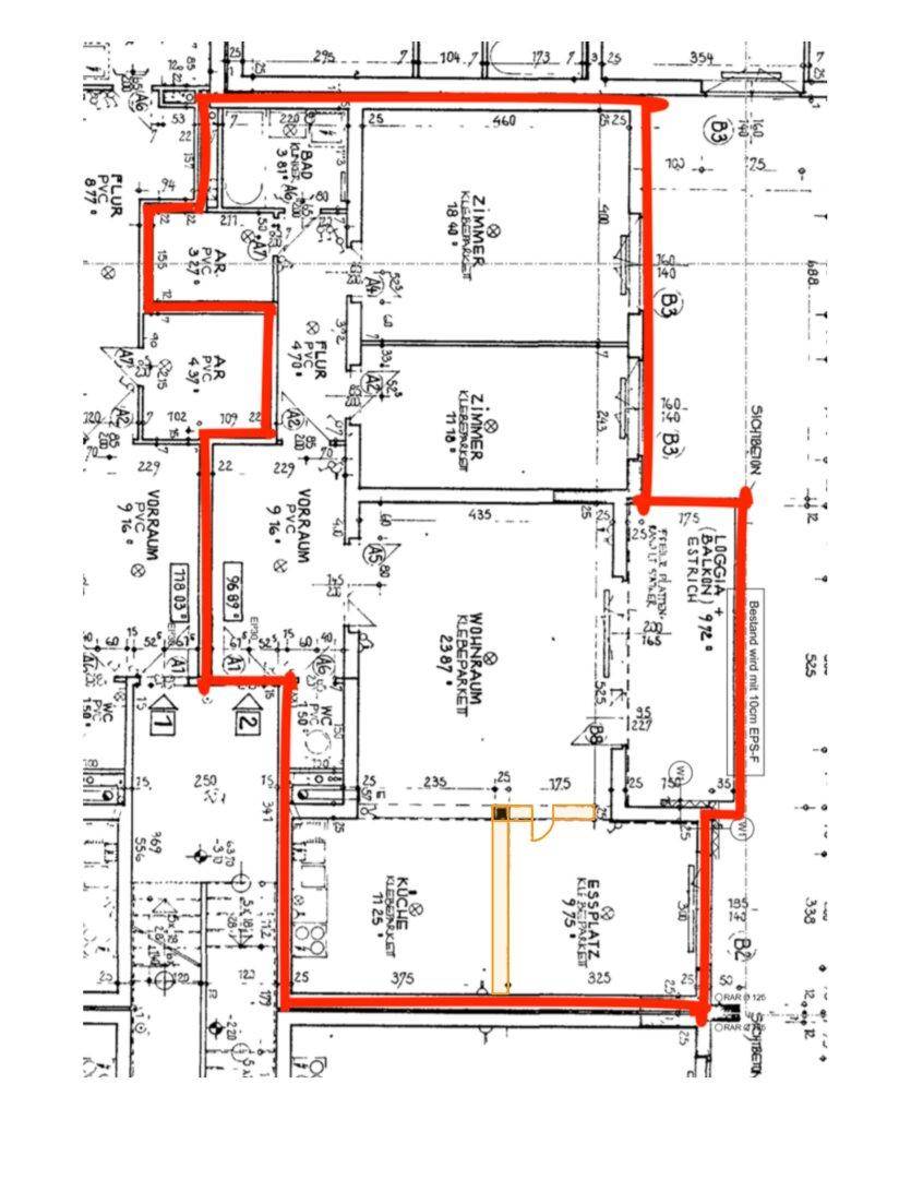 Detaillierter Grundriss einer Wohnung mit Loggia, Balkon, separatem WC und offenem Wohnbereich.
