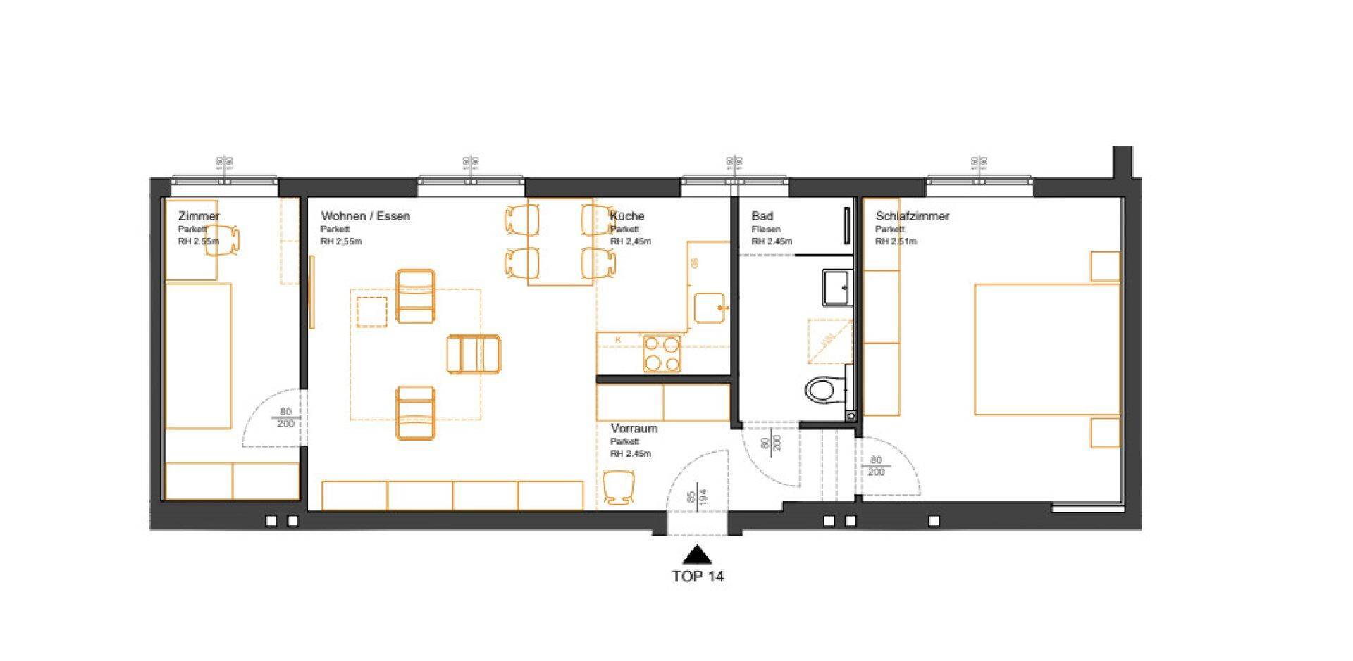 Grundriss der Wohnung mit Wohn-/Essbereich, Küche, Bad und zwei Schlafzimmern.