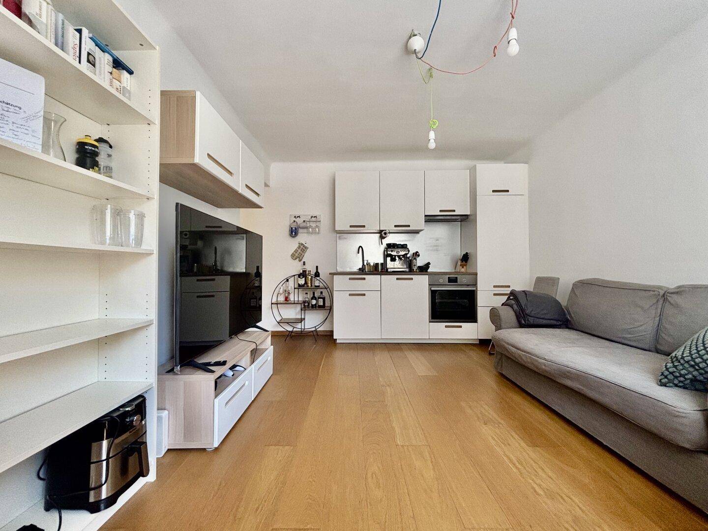 Offener Wohnbereich mit integrierter Küchenzeile, Sofa und Holzfußboden.