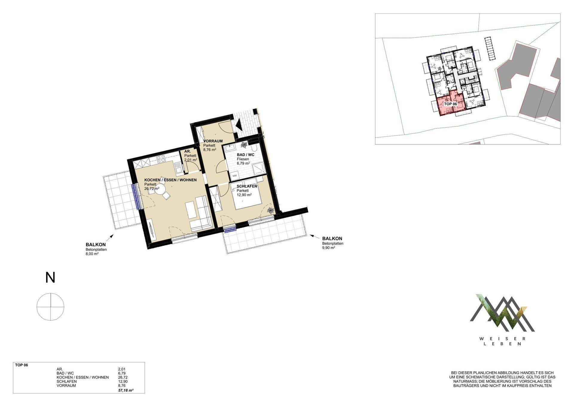 Grundriss einer Wohnung mit offenem Wohnbereich, einem Schlafzimmer, einem Badezimmer und zwei Balkonen.