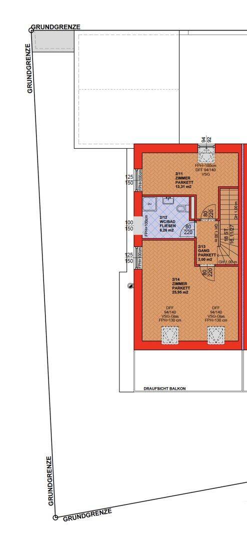 Grundriss des Obergeschosses mit Schlafzimmern und Badezimmer.