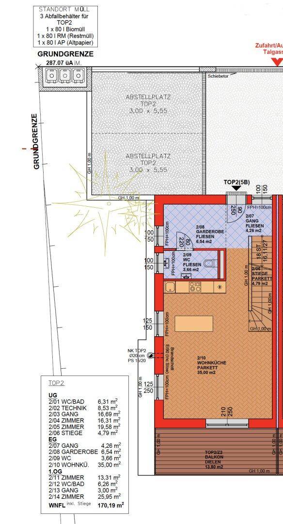 Grundriss des Untergeschosses mit Abstellplatz und Technikraum.