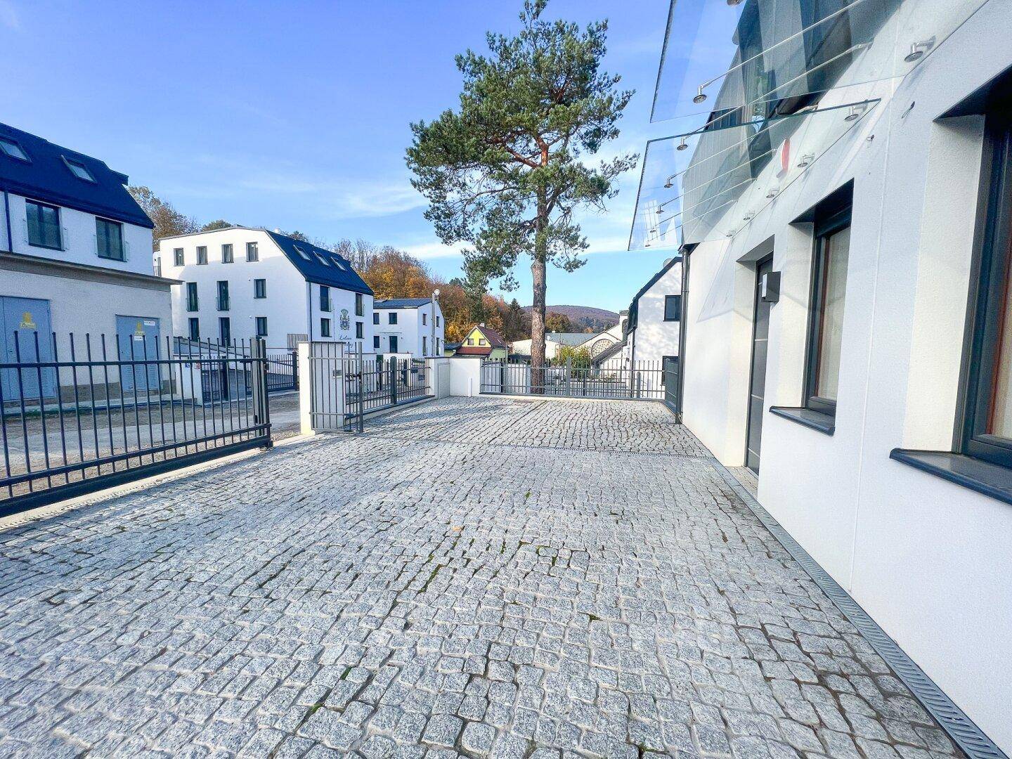 Großer gepflasterter Vorplatz mit Zufahrt zu den modernen Reihenhäusern.
