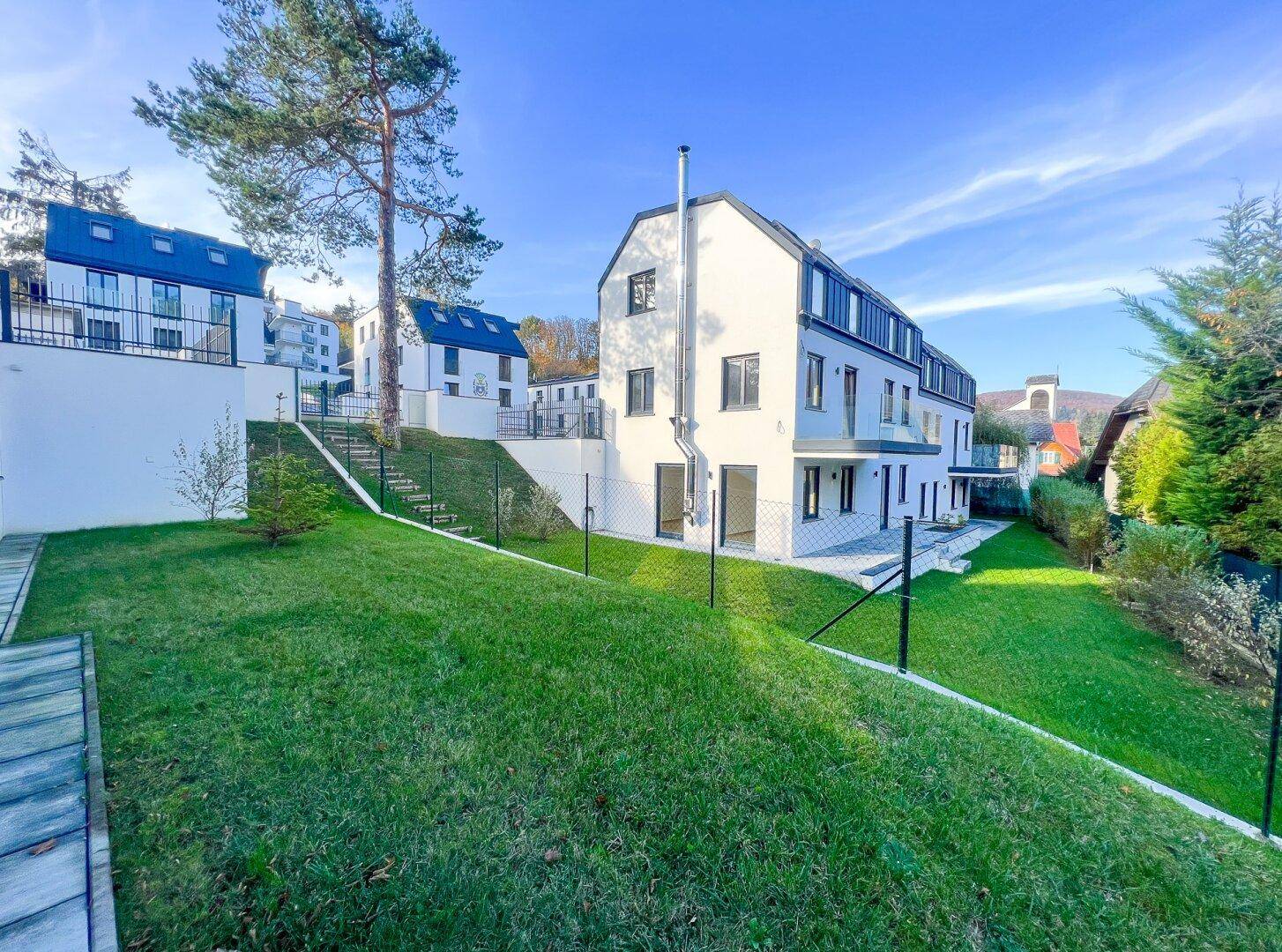 Gepflegter Gartenbereich mit Rasen und Blick auf die umliegenden modernen Gebäude.